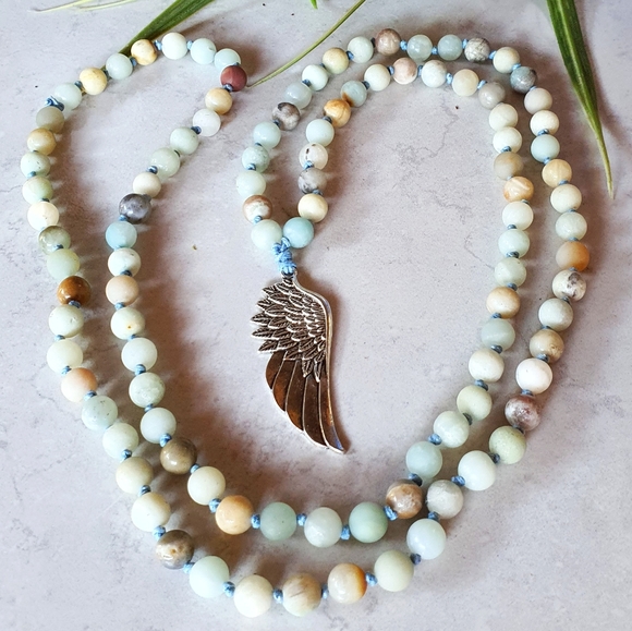 Gaviota Jewelry Genuine Amazonite Stone Wing Pendant Long Necklace